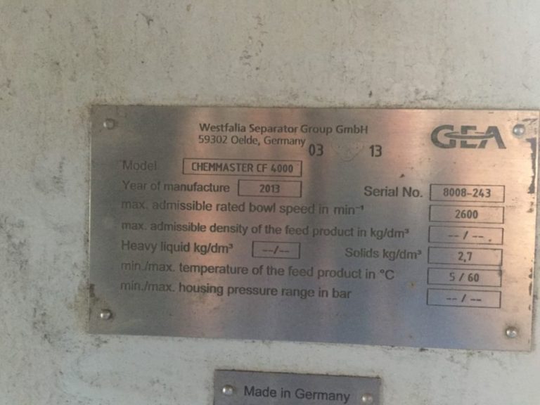 GEA ChemMaster CF4000 S/S Decanter Centrifuge Nelson Machinery